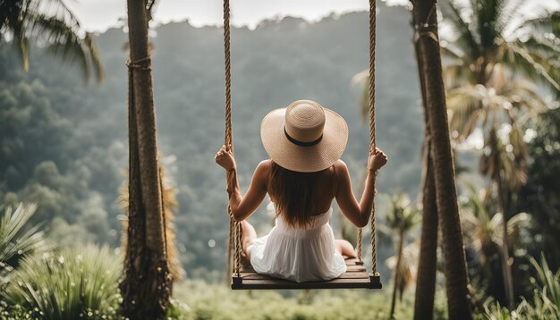 una mujer con un sombrero de paja está sentada en un columpio en el bosque