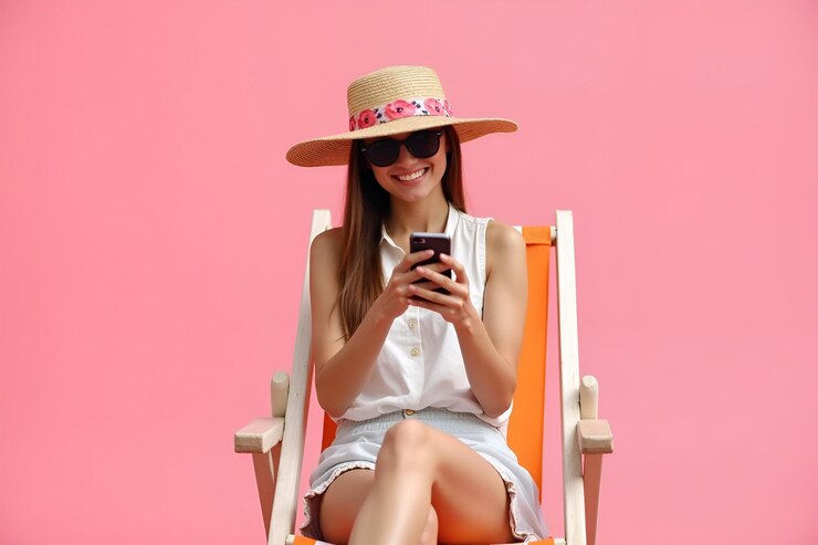 una mujer con un sombrero de paja está sentada en una silla con un teléfono