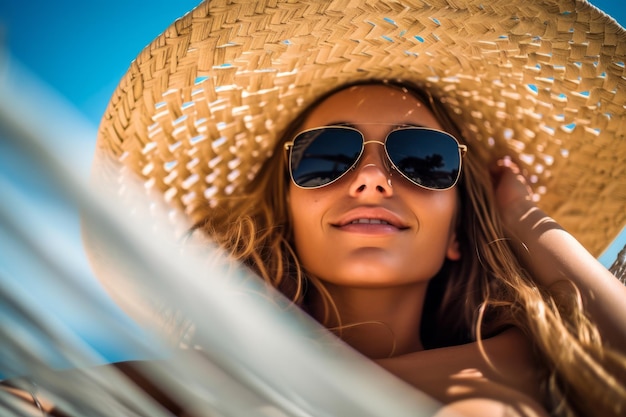 Una mujer con sombrero de paja y gafas de sol se sienta en una hamaca.