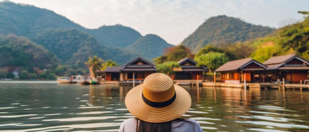 una mujer con un sombrero de paja mira hacia el agua