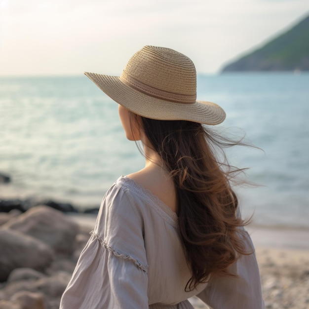 una mujer con un sombrero de paja mira al océano