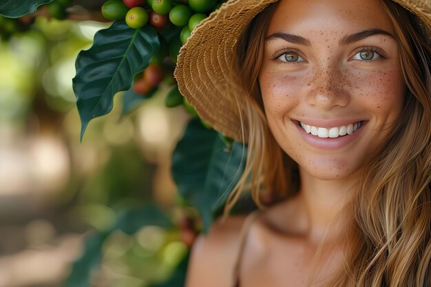 Foto mujer con sombrero de paja de pie bajo un árbol