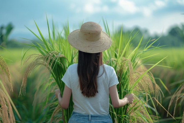 Mujer con sombrero de paja de pie en el campo de arroz