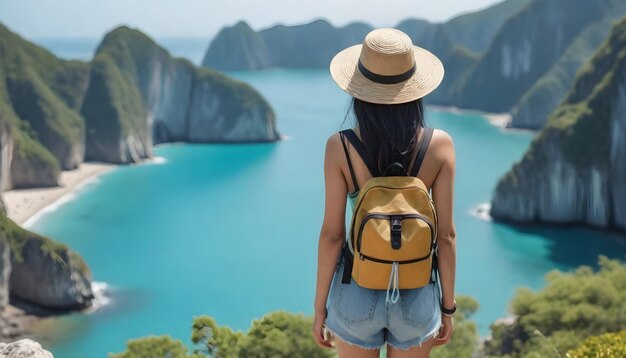 Foto una mujer con un sombrero de paja está de pie frente a una playa con un océano azul en el fondo