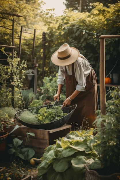 Una mujer con un sombrero de paja que tiende a las plantas imagen generativa de ai