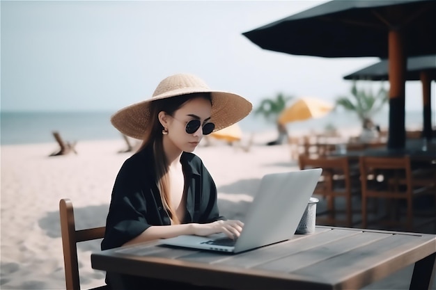 Mujer con sombrero de paja que vive el último sueño de trabajo independiente y café de viaje en una playa tropical