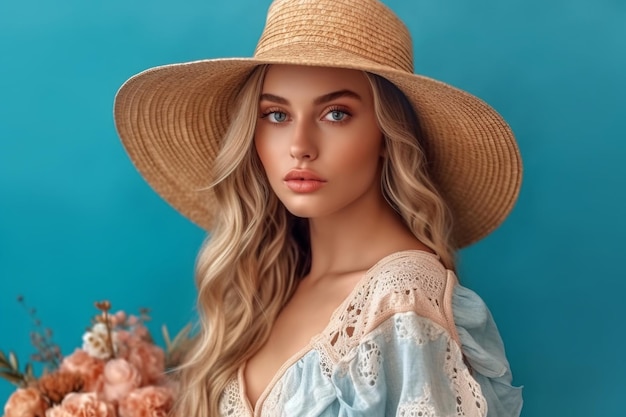 Una mujer con un sombrero de paja y un ramo de flores.