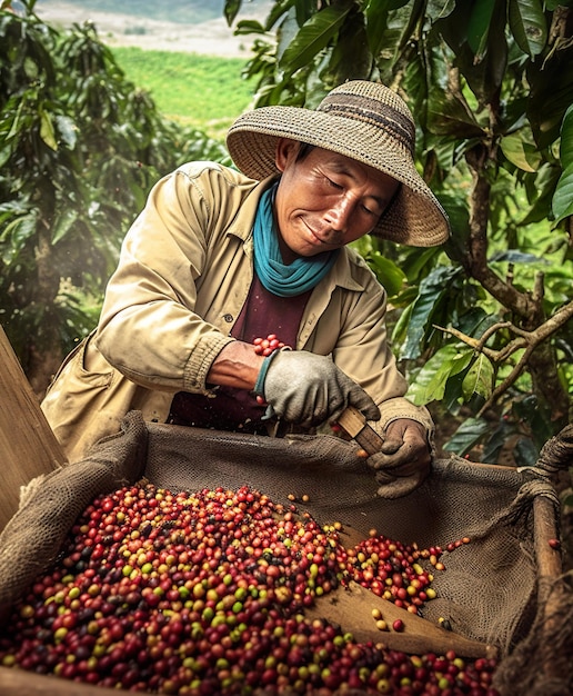 Foto una mujer con un sombrero de paja está recogiendo granos de café imagen generativa de ia
