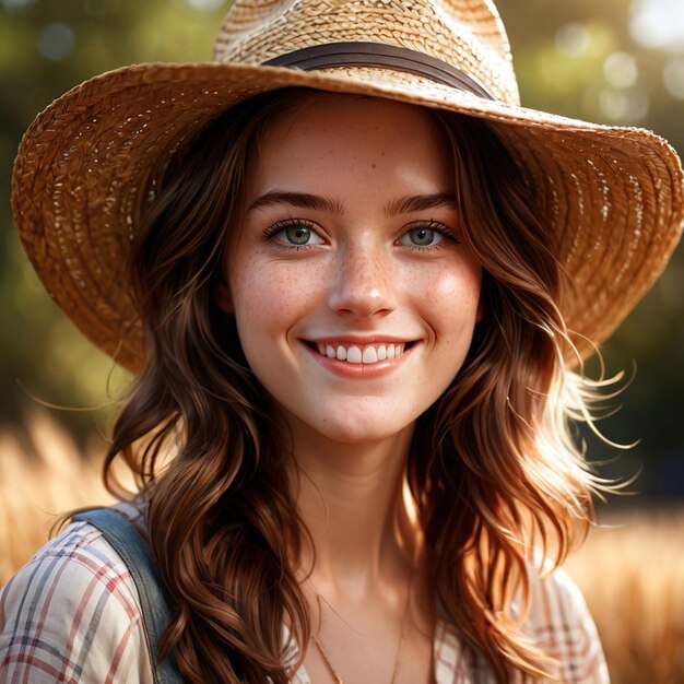 mujer con sombrero de paja sonriendo artículo de ropa de moda