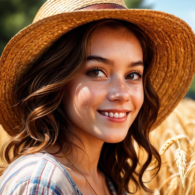 mujer con sombrero de paja sonriendo artículo de ropa de moda