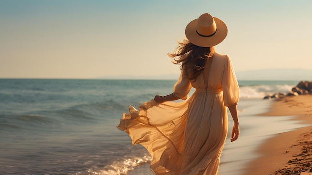Mujer con sombrero de paja y vestido fluido caminando a lo largo de la costa