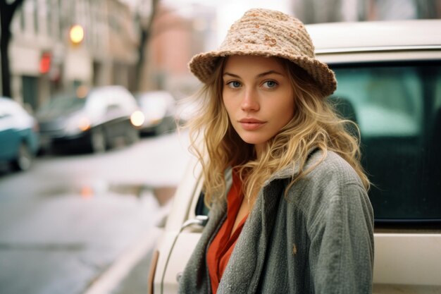 una mujer con un sombrero parada al lado de un auto