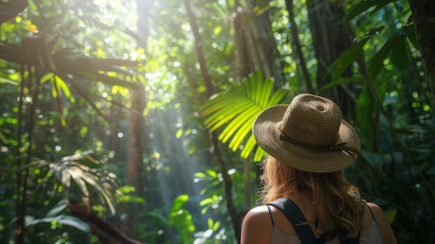 Foto mujer con sombrero de pie en el bosque