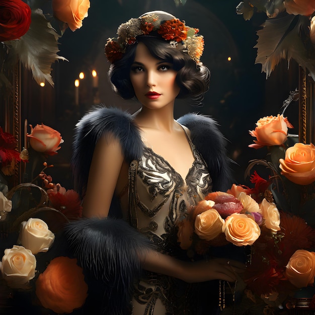 una mujer con un sombrero de piel está sosteniendo un ramo de rosas