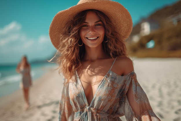 una mujer con sombrero en la playa