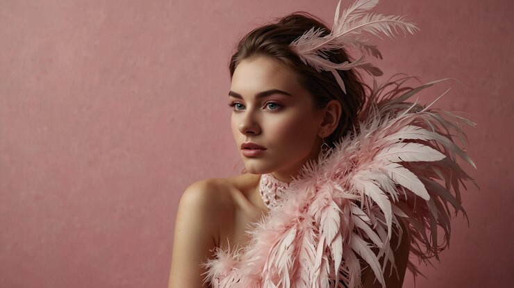 una mujer con un sombrero de plumas rosas y un sombreiro de plumas rosa
