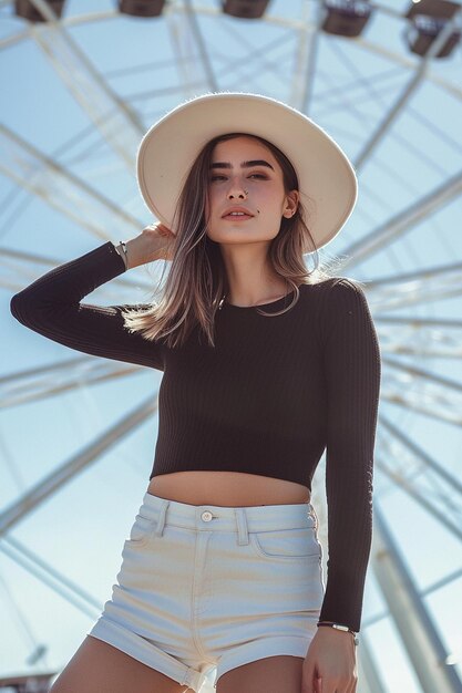 Foto una mujer con un sombrero posa para una foto