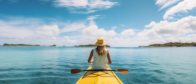 una mujer con sombrero rema en un kayak amarillo