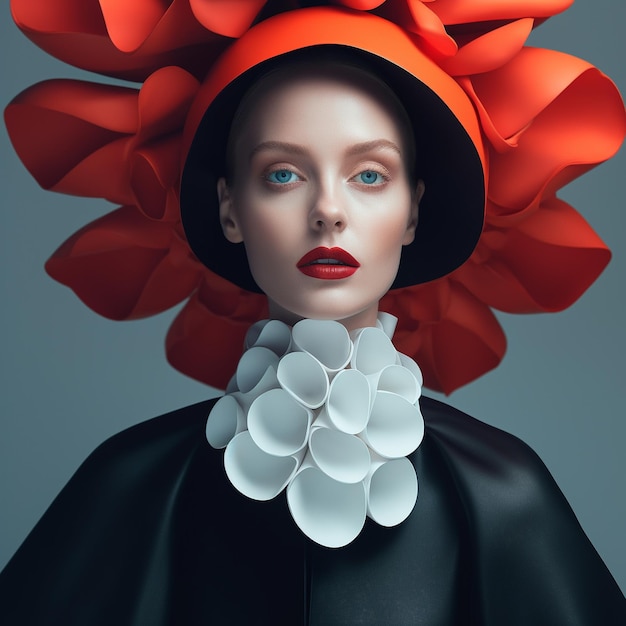 Una mujer con un sombrero rojo con una flor roja en el frente.