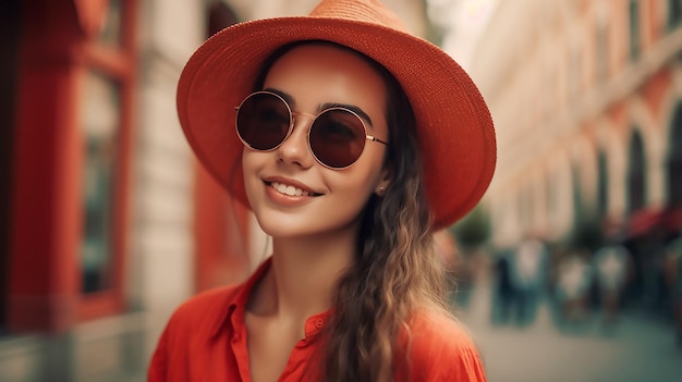 Una mujer con sombrero rojo y gafas de sol rojas sonríe.