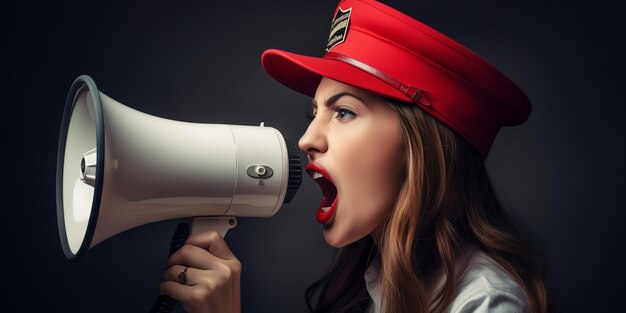 Una mujer con un sombrero rojo habla por un megáfono.