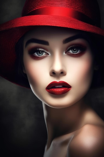 Una mujer con sombrero rojo y lápiz labial rojo.