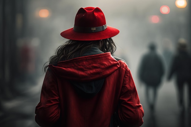 Una mujer con un sombrero rojo se para bajo la lluvia.