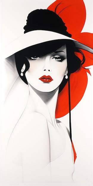 mujer con sombrero rojo sol noir años ochenta pinup blanco labios sexy póster piel de marfil pálido cubierta de moda