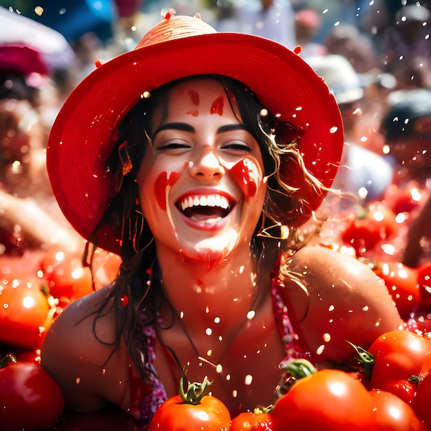 una mujer con un sombrero rojo sonríe frente a varios tomates