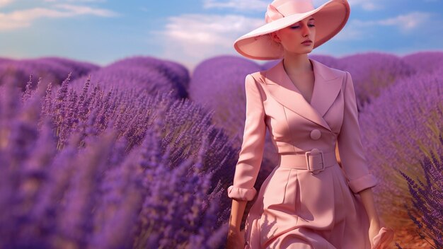 Una mujer con un sombrero rosa camina por un campo de lavanda