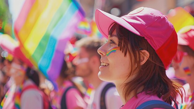 Foto una mujer con un sombrero rosa con colores arco iris en su cara