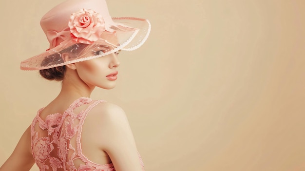 una mujer con un sombrero rosa con una flor rosa en la parte superior
