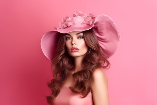 Mujer con un sombrero rosa con una flor