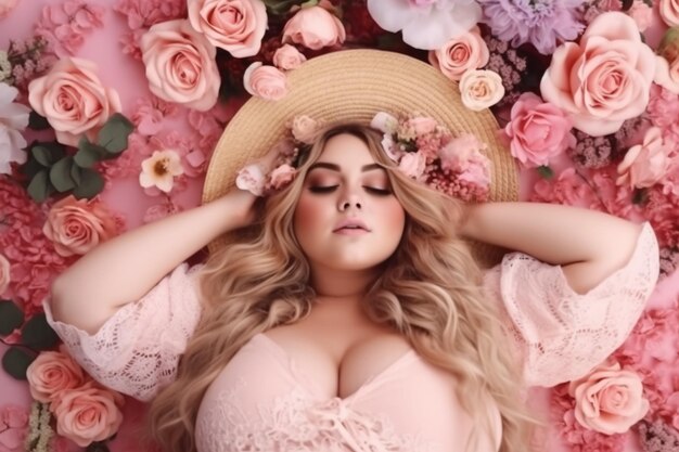 Una mujer con un sombrero rosa con flores.