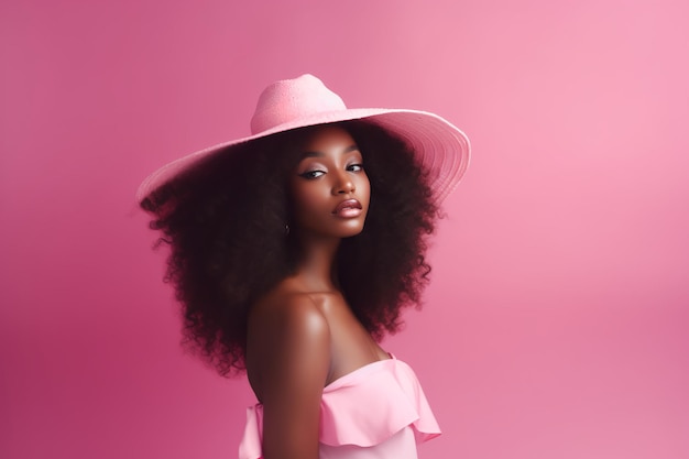 Una mujer con un sombrero rosa se para frente a un fondo rosa.