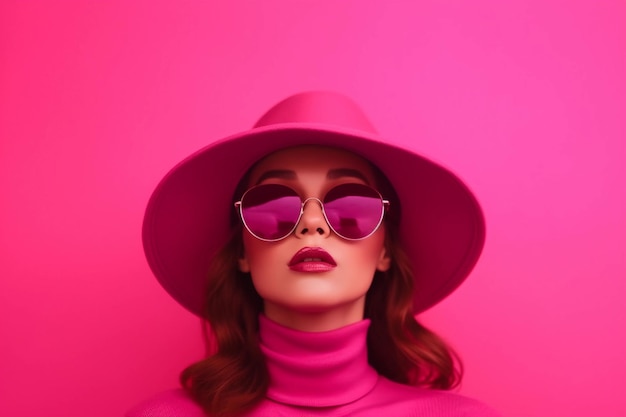 Una mujer con un sombrero rosa y un sombrero rosa se para frente a un fondo rosa