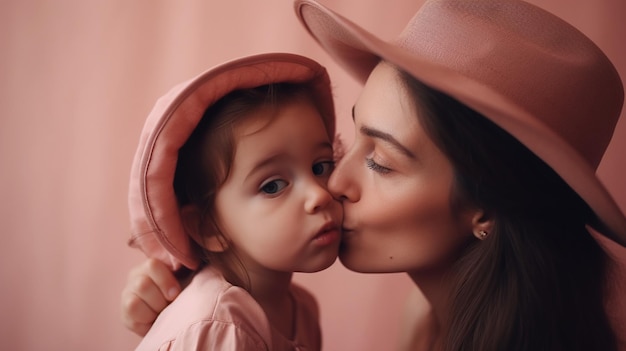 Una mujer con un sombrero rosa y un sombrero de vaquero rosa besa a una niña