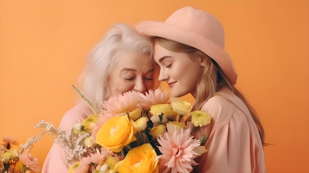 Una mujer con un sombrero rosa sostiene un ramo de flores y abraza a su abuela.