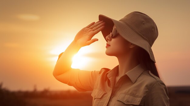 Una mujer con un sombrero de safari mira el sol y mira el horizonte.