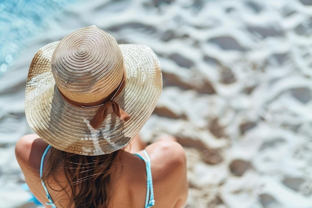 Una mujer con un sombrero sentada en una playa