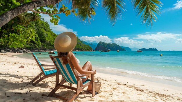 Mujer con sombrero sentada en sillas en una hermosa playa tropical