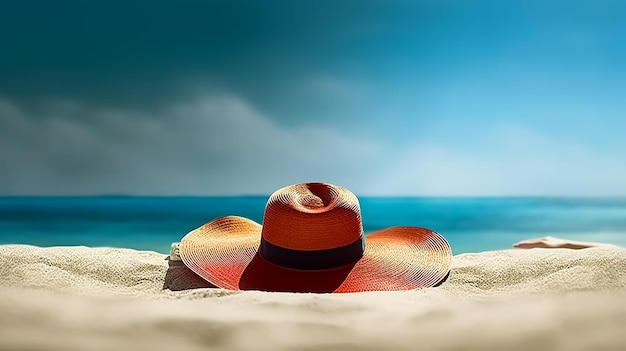 Una mujer con sombrero se sienta en una playa con la puesta de sol detrás de ella.