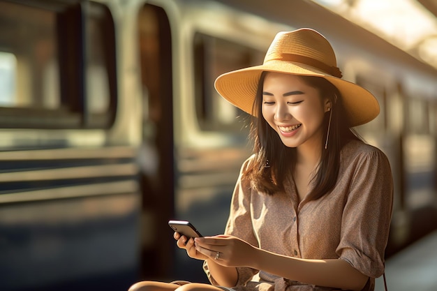 Una mujer con sombrero se sienta en un tren y mira su teléfono