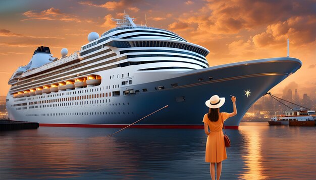 una mujer con un sombrero de sol está de pie frente a un crucero