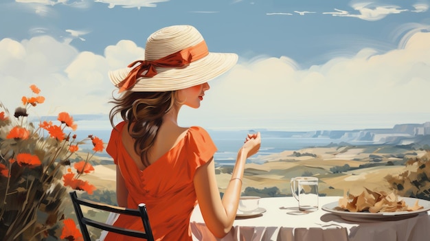 Mujer con sombrero para el sol sentada en un café europeo