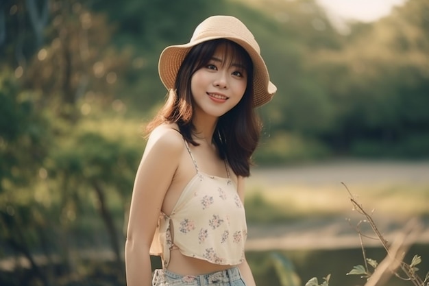 Una mujer con sombrero y sombrero se para en un parque.