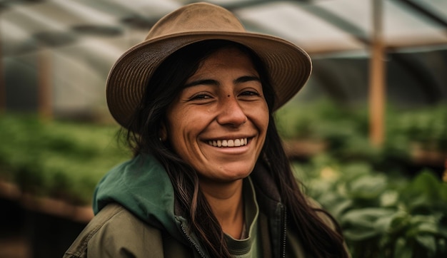 Una mujer con sombrero sonríe en un invernadero.