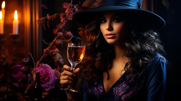 una mujer con un sombrero sosteniendo un vaso de vino