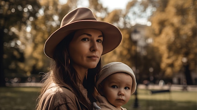 Una mujer con sombrero sostiene a un bebé en un parque.