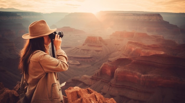 Una mujer con sombrero toma una foto del gran cañón.